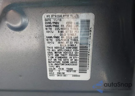 2019 Nissan Rogue Sv from USA, damaged, VIN JN8AT2MT3KW253930